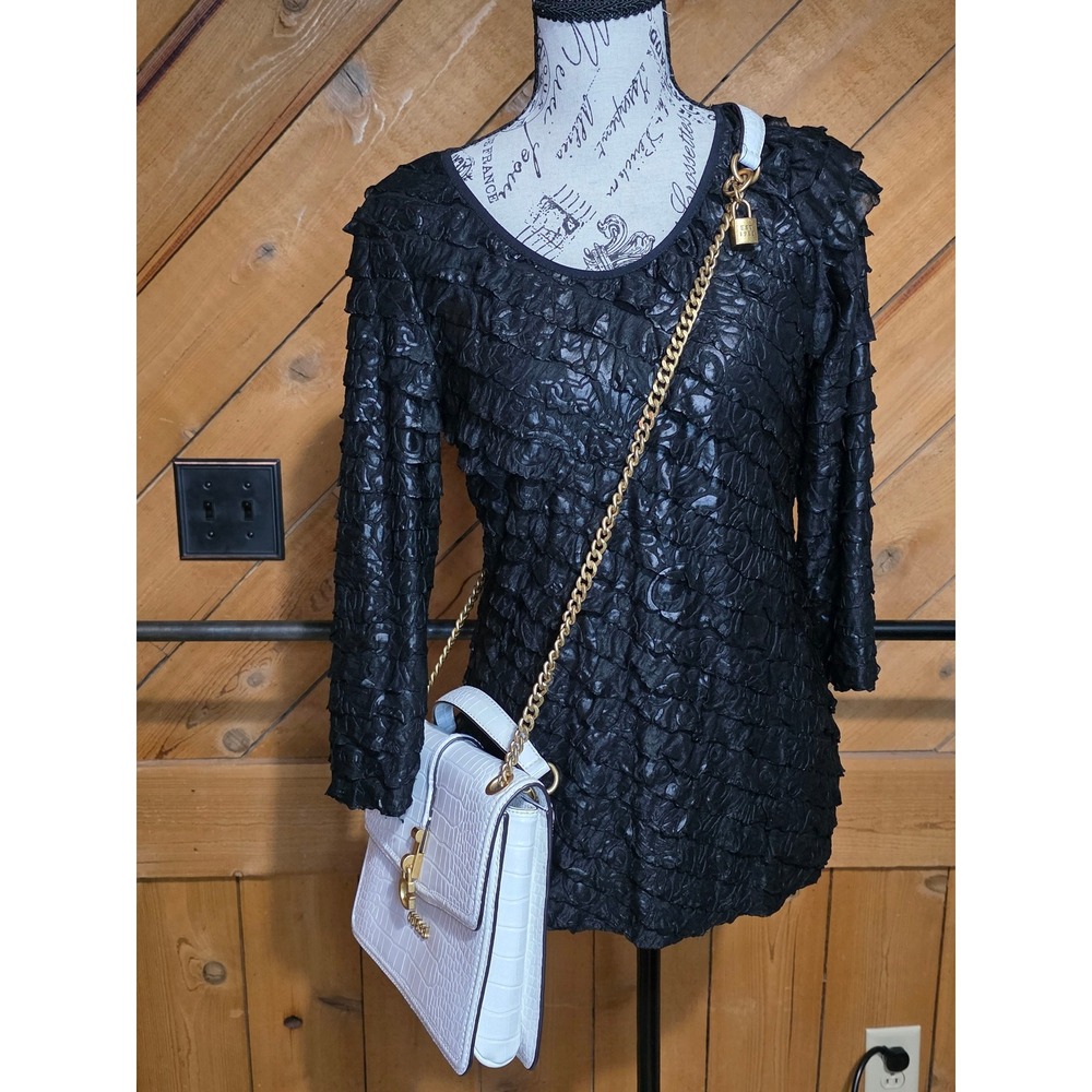 Textured Ruffle Tiered Long Sleeve Top Black Scoop Neck Crinkle Blouse Womens
